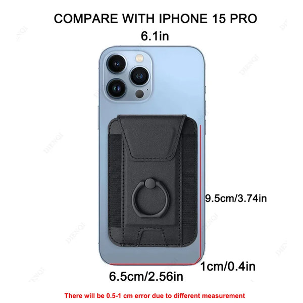 Dünner magnetischer Geldbörsenetui mit Ringständer neben einem iPhone 15 Pro zur Gegenüberstellung.