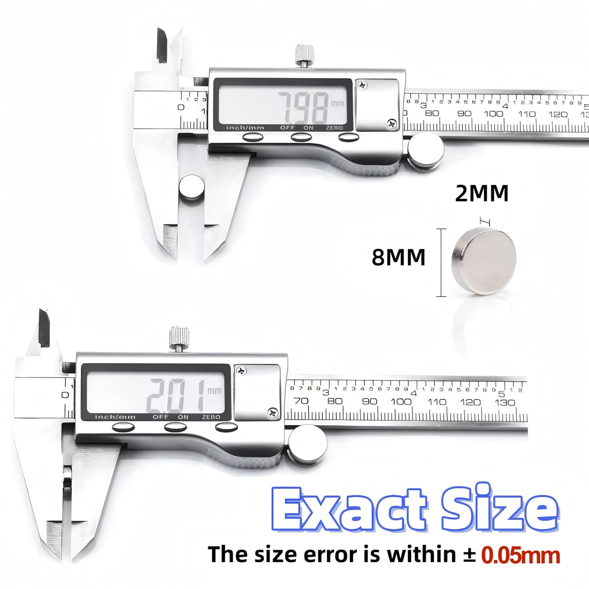 A silver digital caliper measuring a refrigerator magnet with an accuracy of within ±0.05mm.