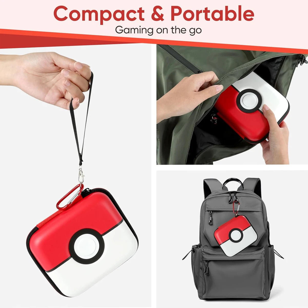 A red and white hard-shell trading card storage box is shown being carried on a lanyard and placed inside a dark green bag.