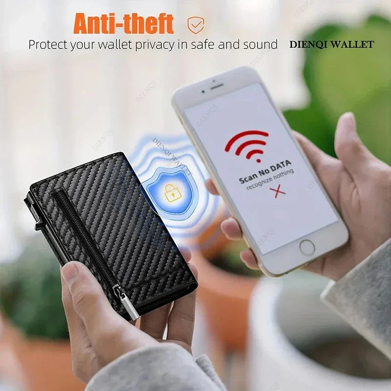 A hand holds a black RFID blocking pop-up wallet and a smartphone displaying a scan notification.