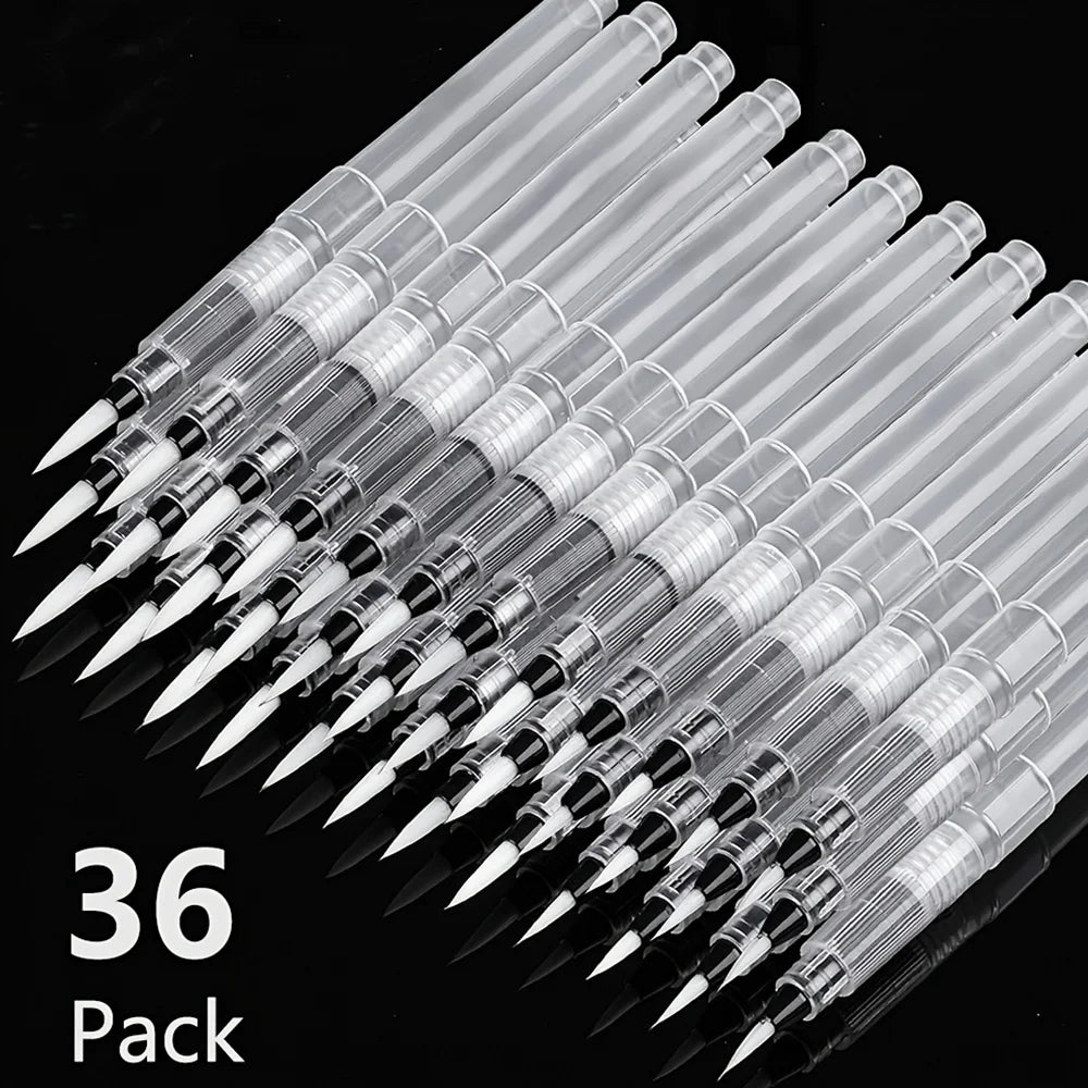 A pack of 36 refillable watercolor brush pens with silver barrels and pointed tips.