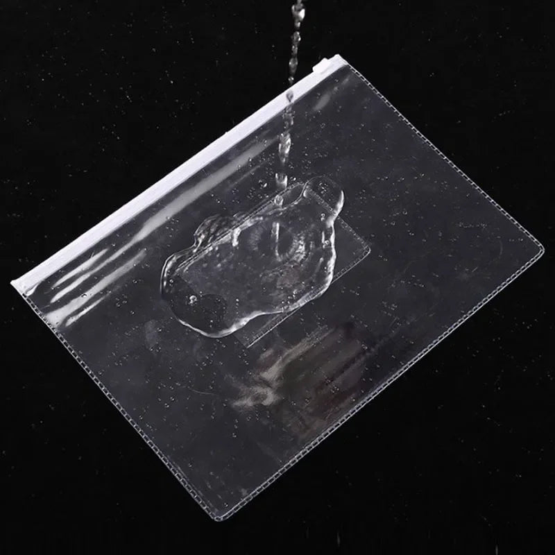 A transparent A4 document organizer with pockets and dividers is being filled with liquid.