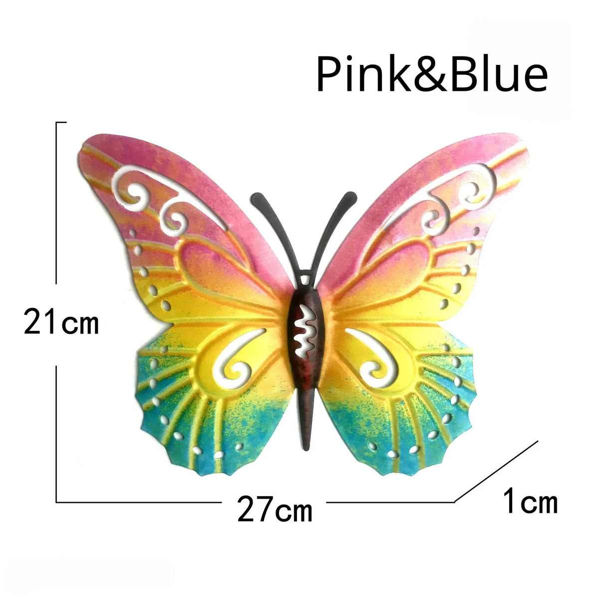 Sculpture murale en métal papillon rose et bleu avec des ailes et un corps vibrants