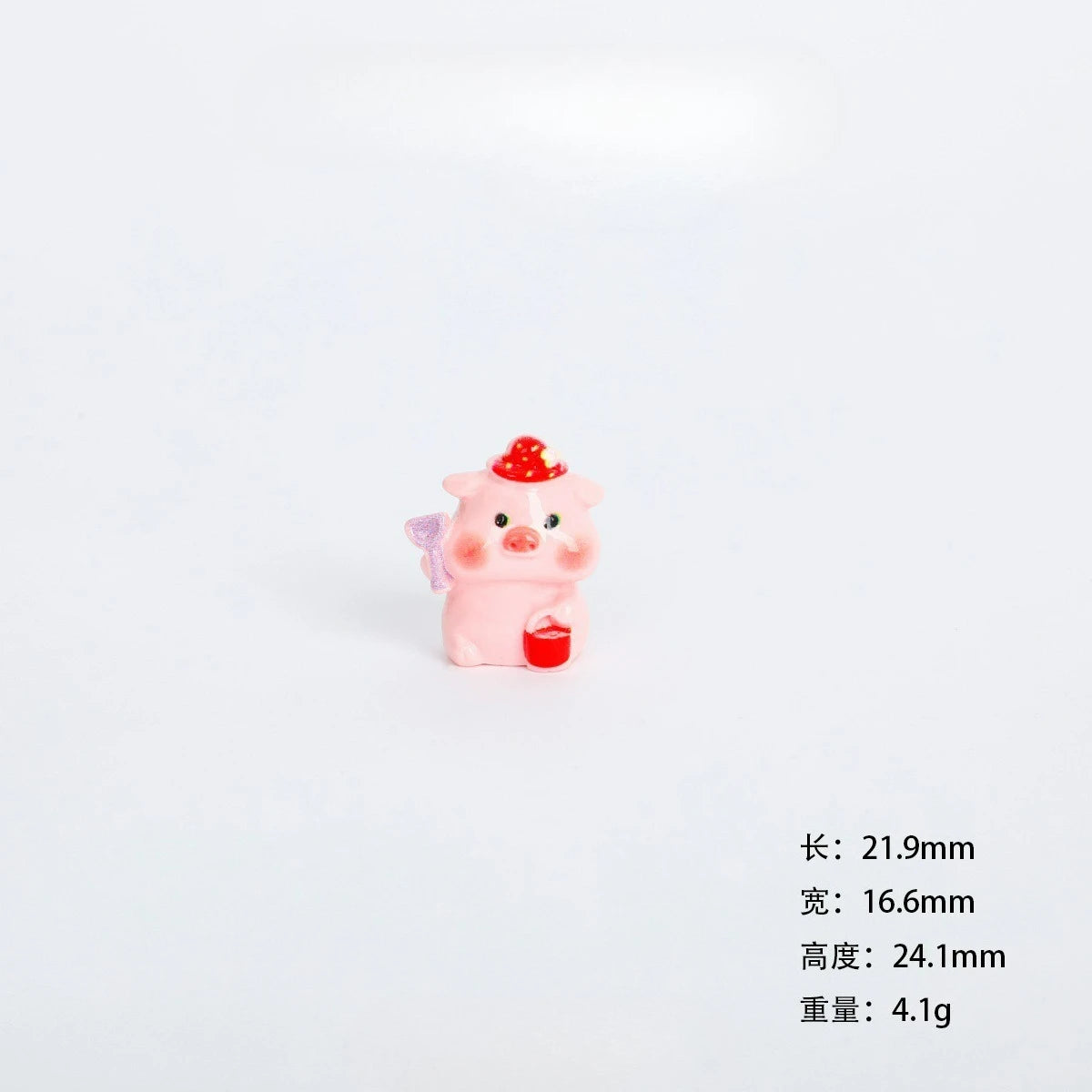 A small pink resin figurine of a pig with a pink accessory, used as miniature garden or desk décor.
