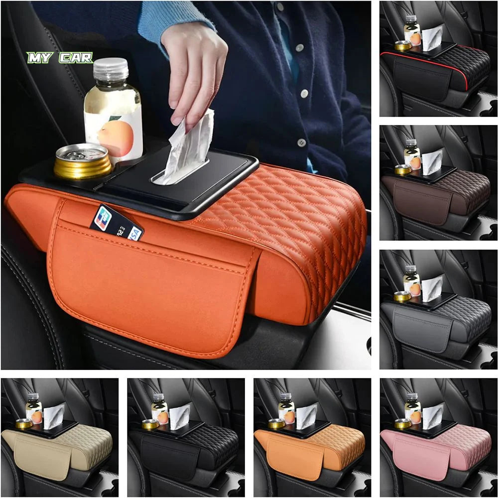 Orange car armrest cushion with storage and cup holders shown in a car interior.
