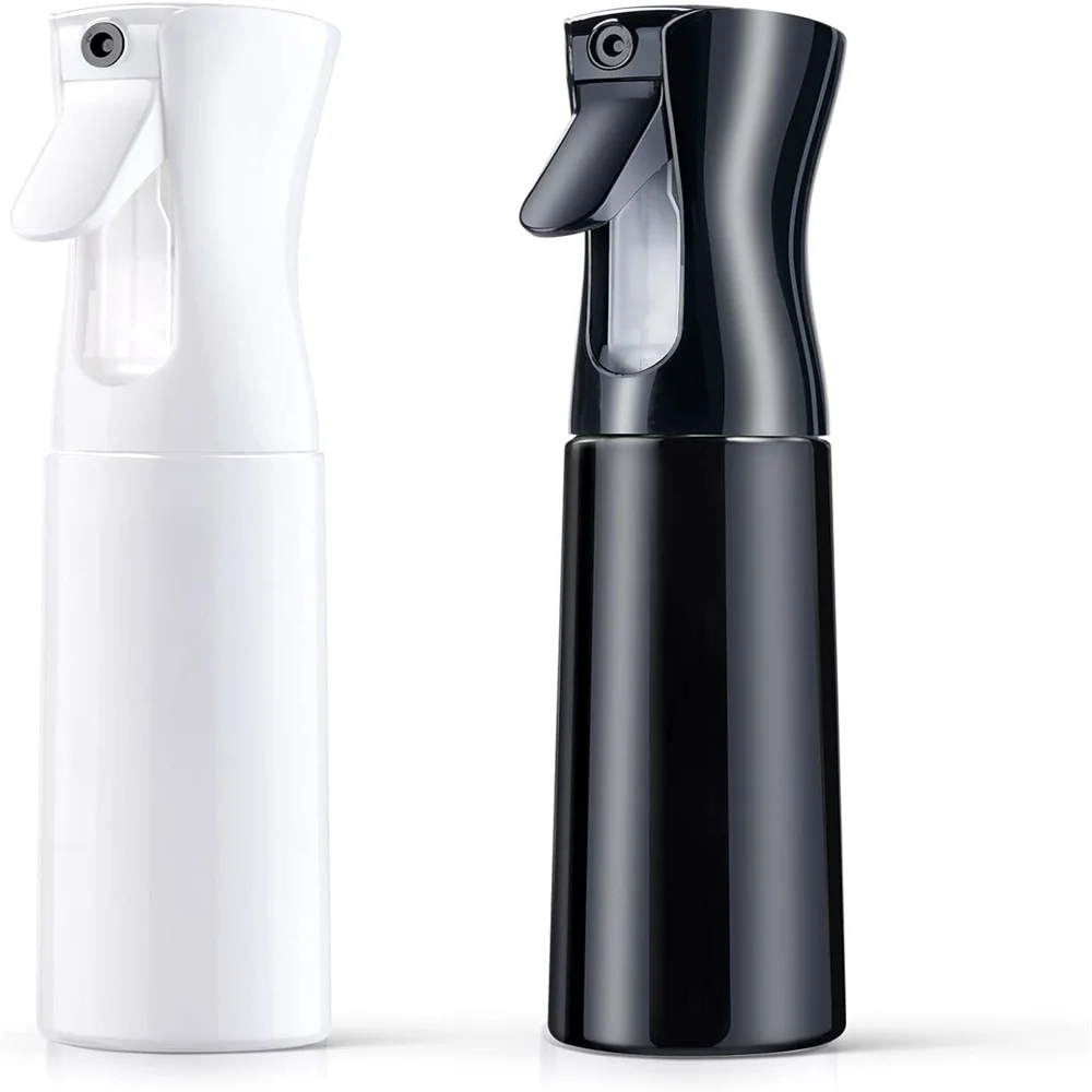 A sleek black spray bottle with a white pump dispenser shown in a side view.
