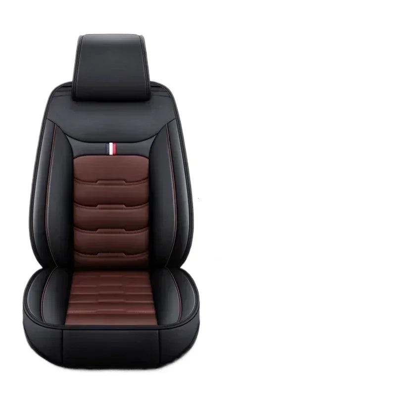 Black leather car seat cover protector with red and white stripe detail
