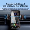 A black car phone holder clamp is shown mounted on a car grille, demonstrating triangle stability and anti-shake features.