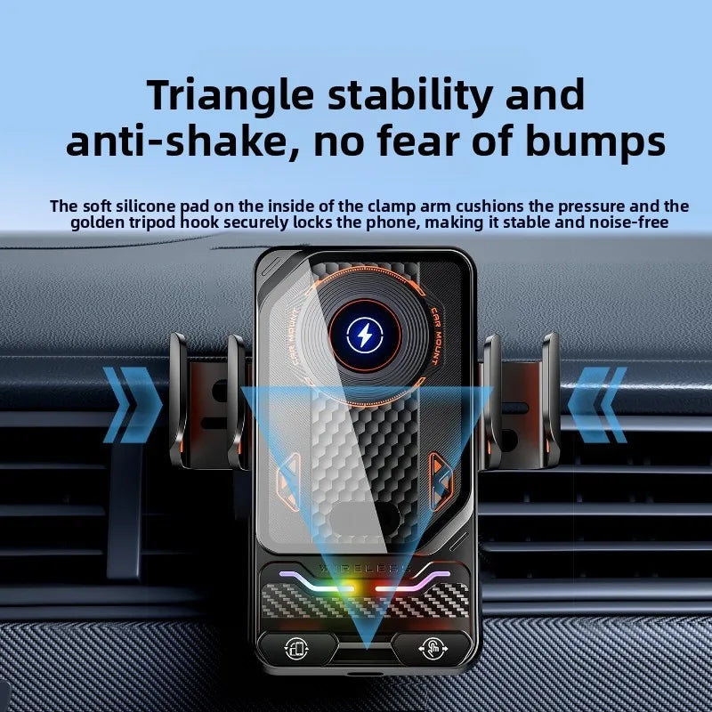 A black car phone holder clamp is shown mounted on a car grille, demonstrating triangle stability and anti-shake features.