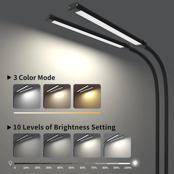 A black monitor light bar fixture with a flexible arm, showing three color modes and ten levels of brightness settings.