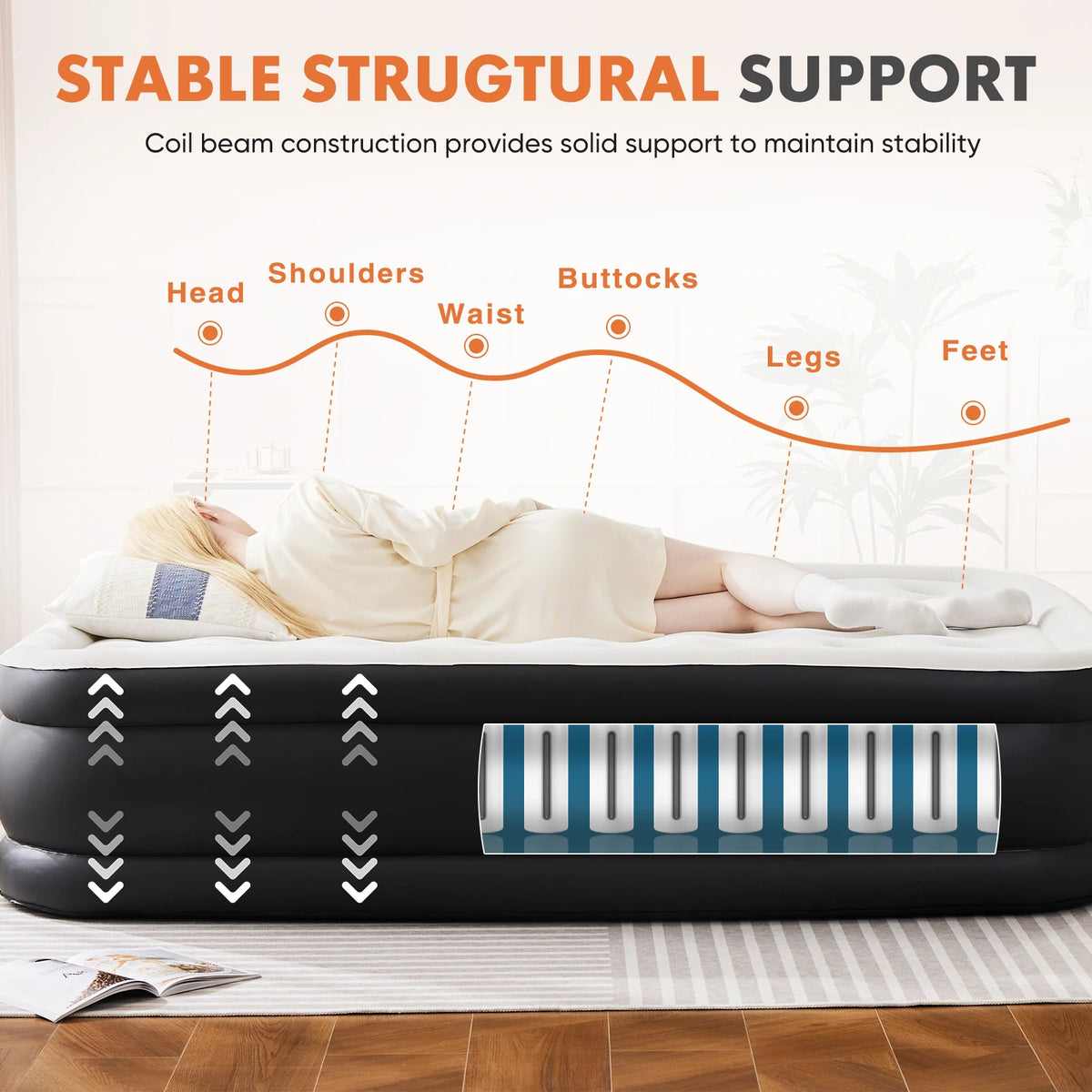 An elevated air mattress showing a body lying on it, with an illustration of skeletal support points.