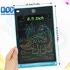 A hand holds an 8.5 inch LCD writing tablet for kids displaying a dinosaur drawing on the screen.