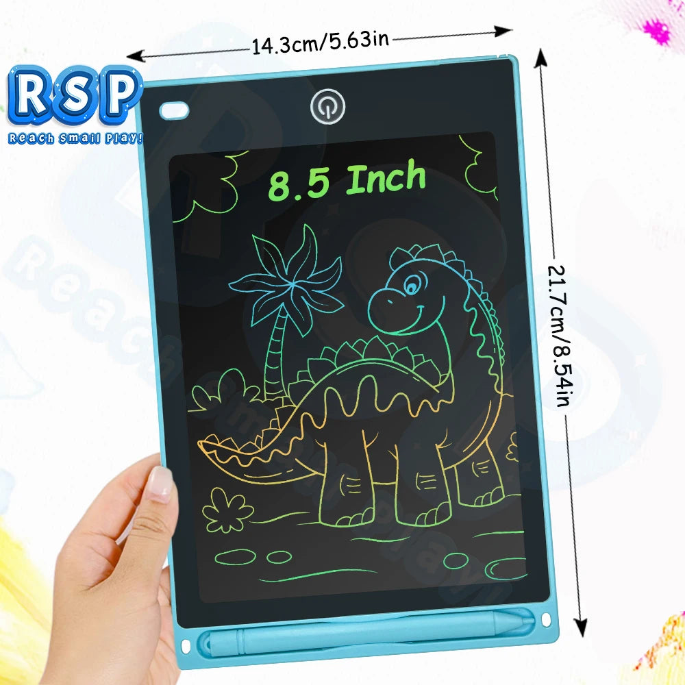 A hand holds an 8.5 inch LCD writing tablet for kids displaying a dinosaur drawing on the screen.