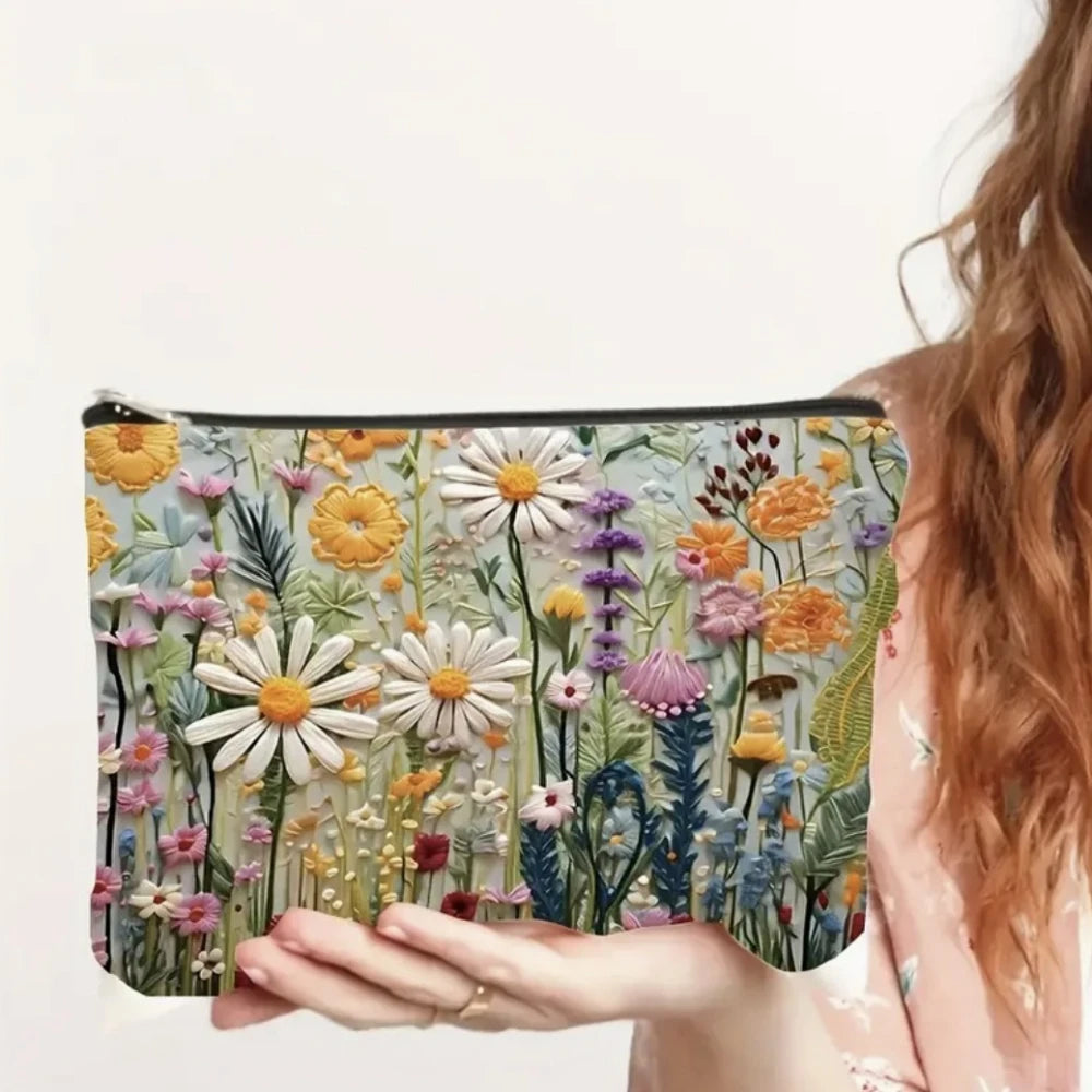 Floral Print Canvas Makeup Bag with Double-Sided Design