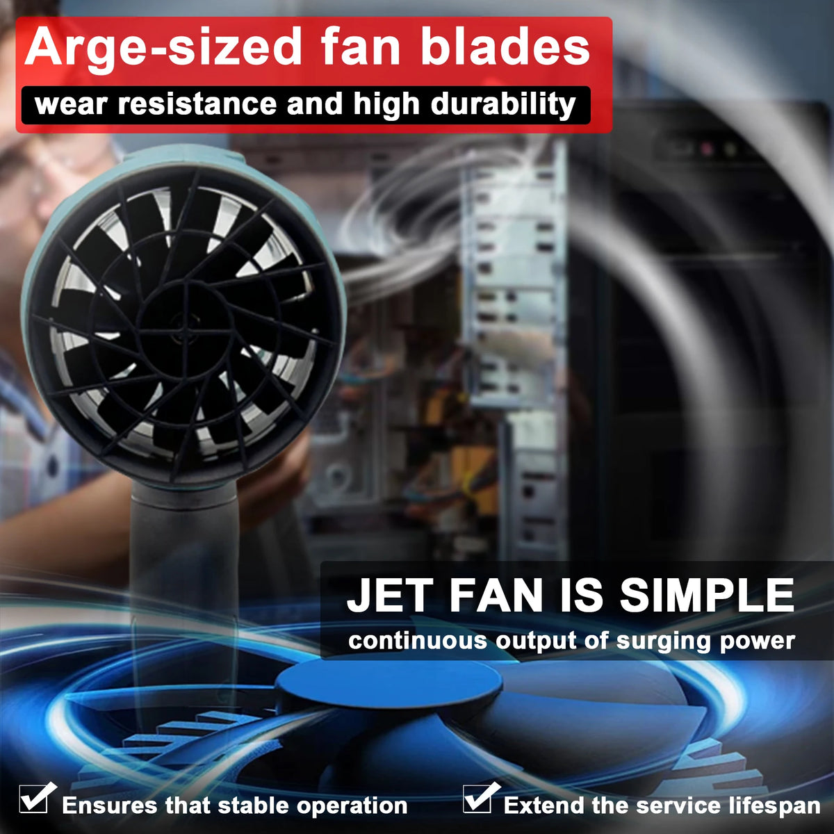 Close-up of an Arge-sized fan blade and a handheld jet fan device demonstrating its power and durability.