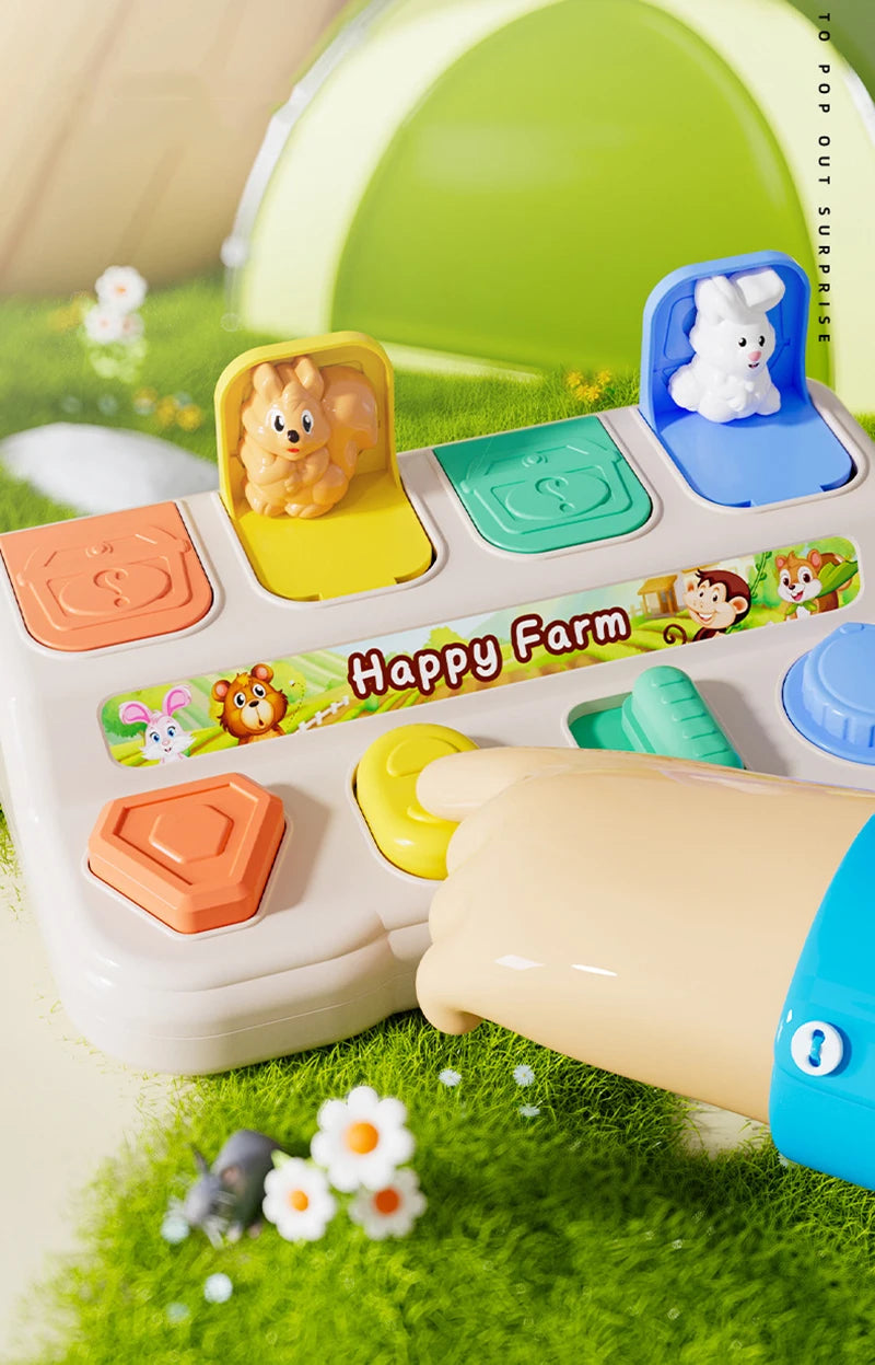 A Montessori pop-up dinosaur toy featuring a yellow farm scene and a blue animal for toddlers.