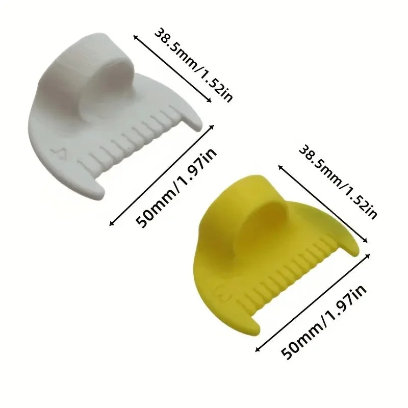 A white adjustable stitch tool shown with dimensions and a yellow version for knitting and sewing.