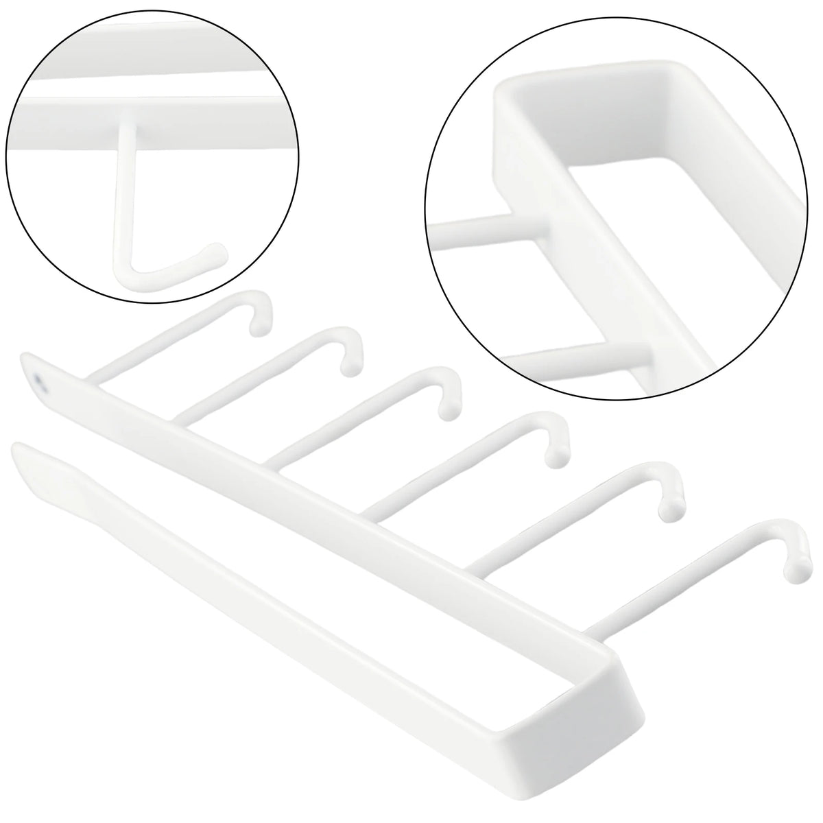 White under-shelf cup and utensil holder with six hooks shown in various angles.