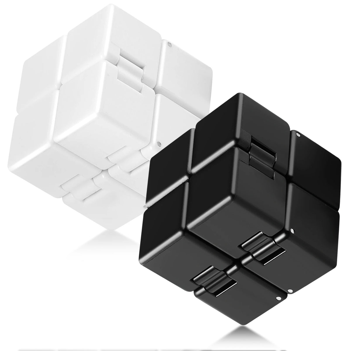 A black infinity cube fidget toy next to a white one, showing the cube's geometric structure.