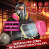 A man wearing a pink full-face respirator mask with an activated carbon filter and anti-static cotton filter, set against a f
