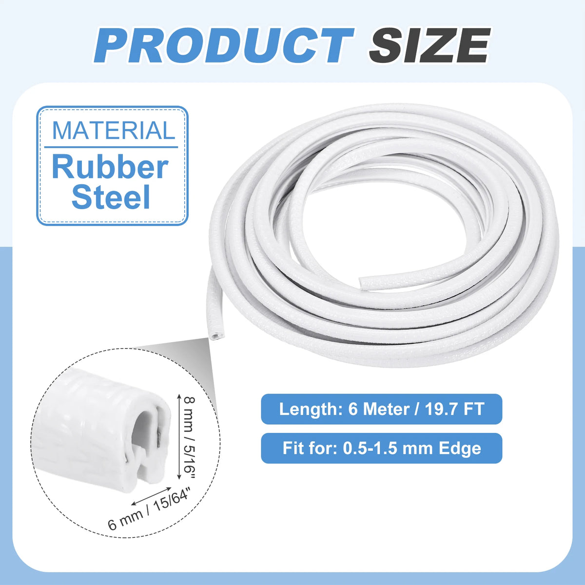 Roll of white rubber steel trim for protecting edges, measuring 6 meters long.