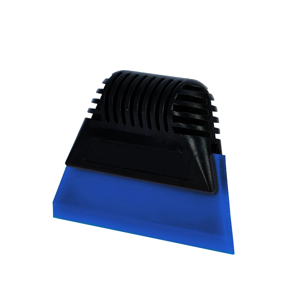 A black car windshield ice scraper and squeegee resting on a blue plastic base.