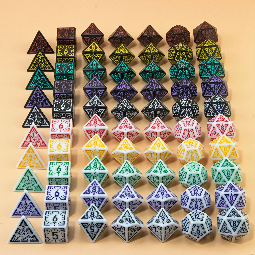 A collection of multi-sided polyhedral dice in various colors and shapes arranged in a grid.