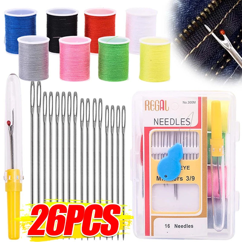 A set of 26 stainless steel sewing needles with large eye threads packaged in a clear plastic case.