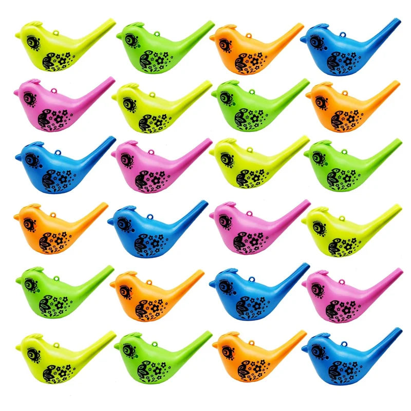 A collection of colorful plastic novelty bird whistles in various bright colors and patterns.