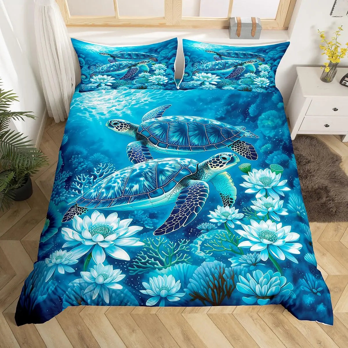 A blue and teal sea turtle patterned duvet cover set featuring various marine life and floral elements.