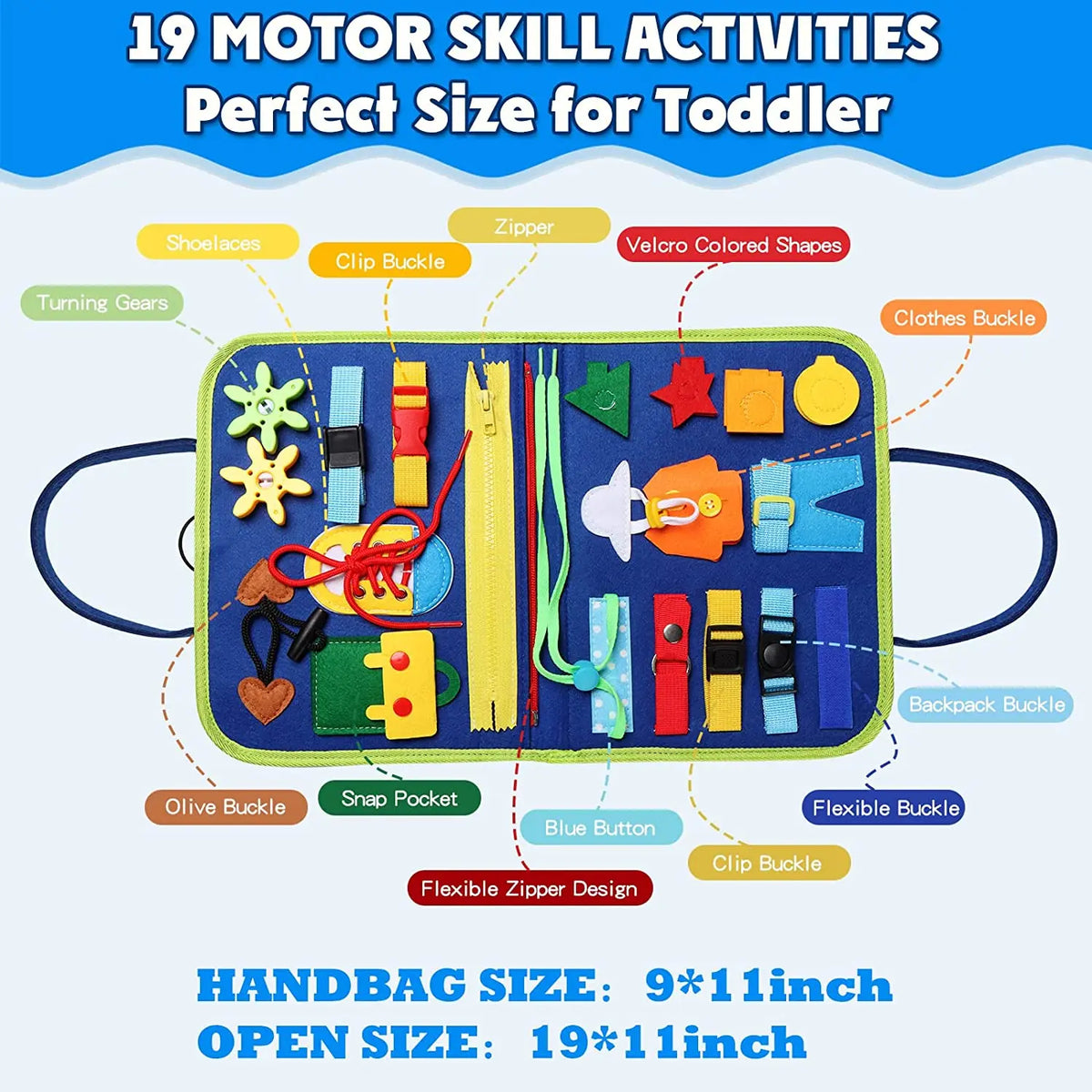 A colorful Montessori busy board for toddlers featuring various motor skill activities like zippers, buckles, and shapes.