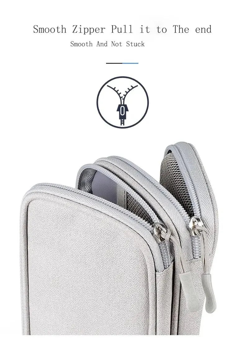 A close-up view of a light gray zippered pouch used for organizing cables and accessories.