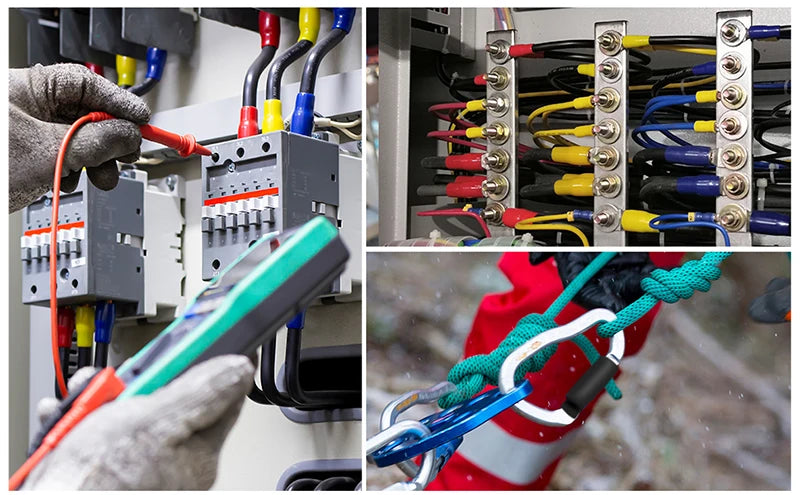 A hand is shown using a heat shrink tubing kit to apply adhesive-lined wire protection sleeving onto electrical wires.