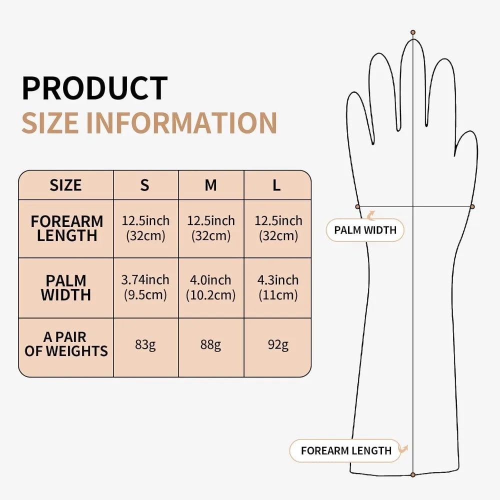 Size information chart for reusable non-slip dishwashing rubber gloves showing forearm and palm dimensions by size.
