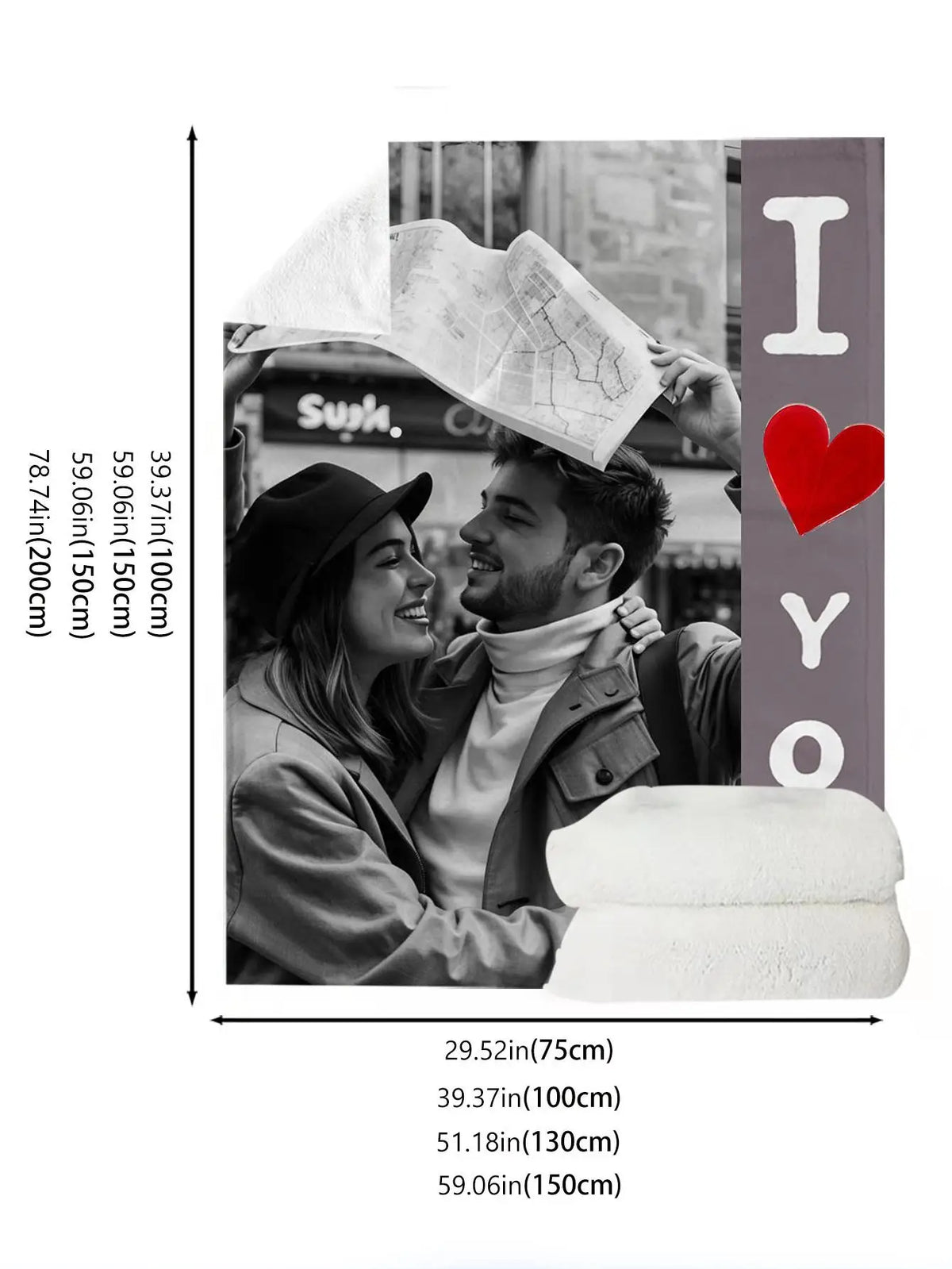 A custom photo flannel blanket with a gray background and a red heart embroidered on the side.