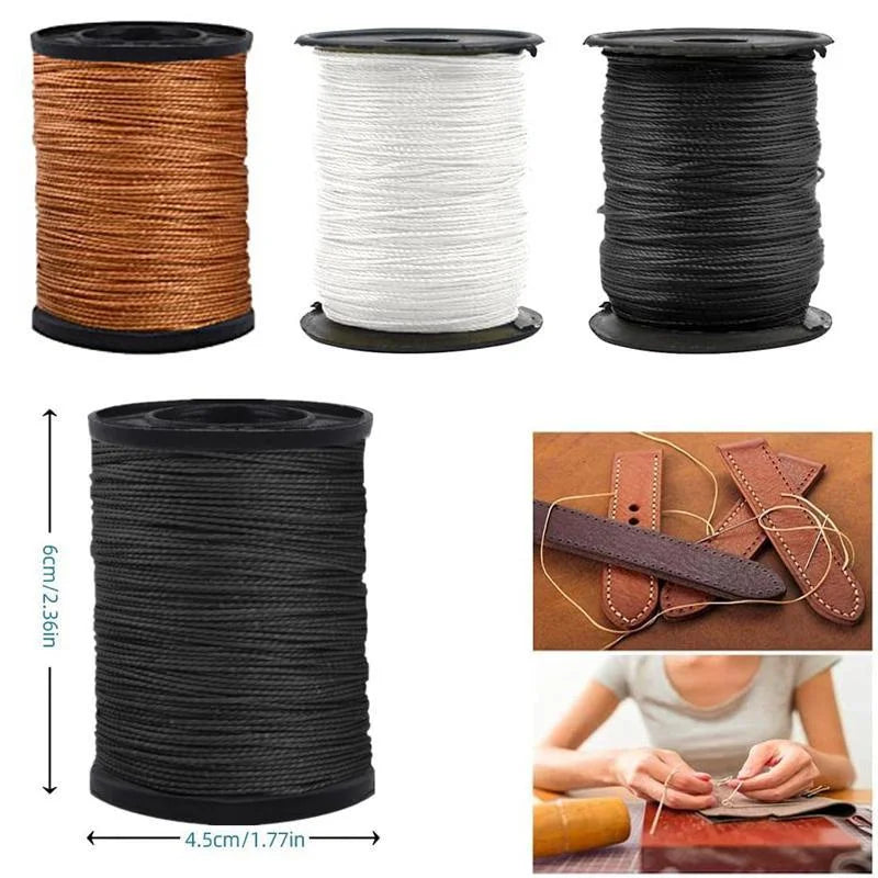 Rolls of heavy duty nylon thread in brown, white, and black for upholstery repair