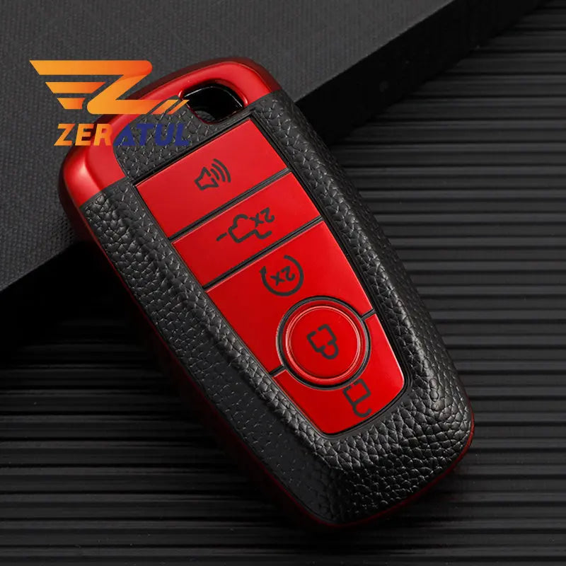 A red TPU leather car key cover with multiple buttons is shown on a black surface.