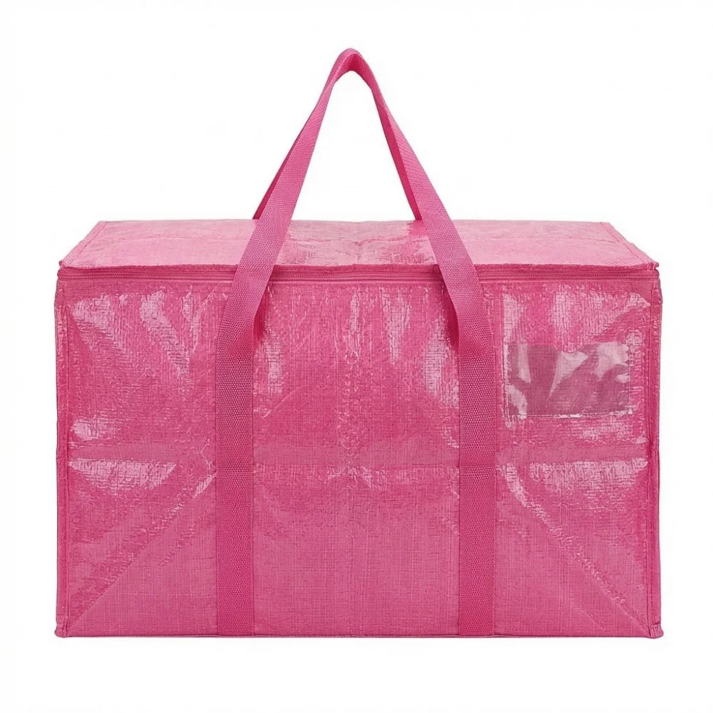 A bright pink extra large heavy duty waterproof moving bag with handles and zippers.