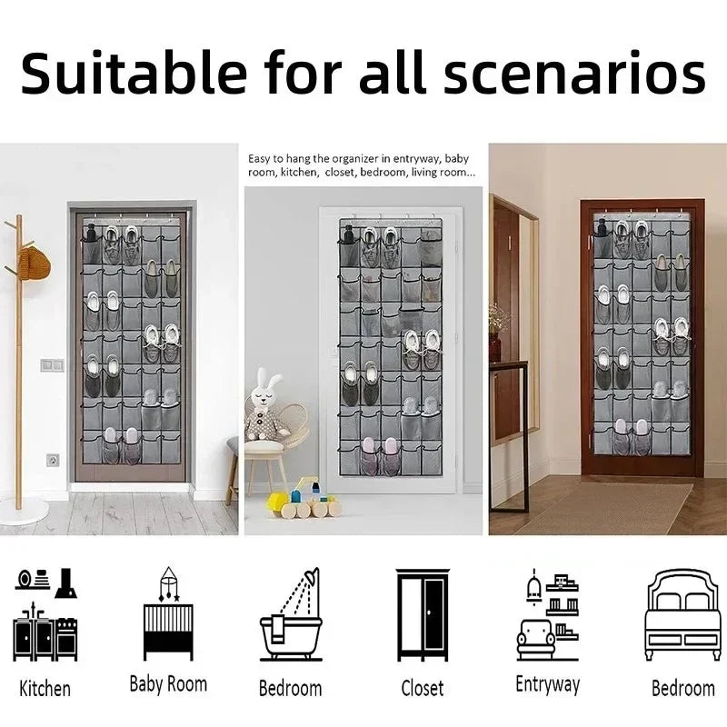 Over-the-door mesh shoe organizer with hanging pockets shown in various contexts like entryways, kitchens, and bedrooms.