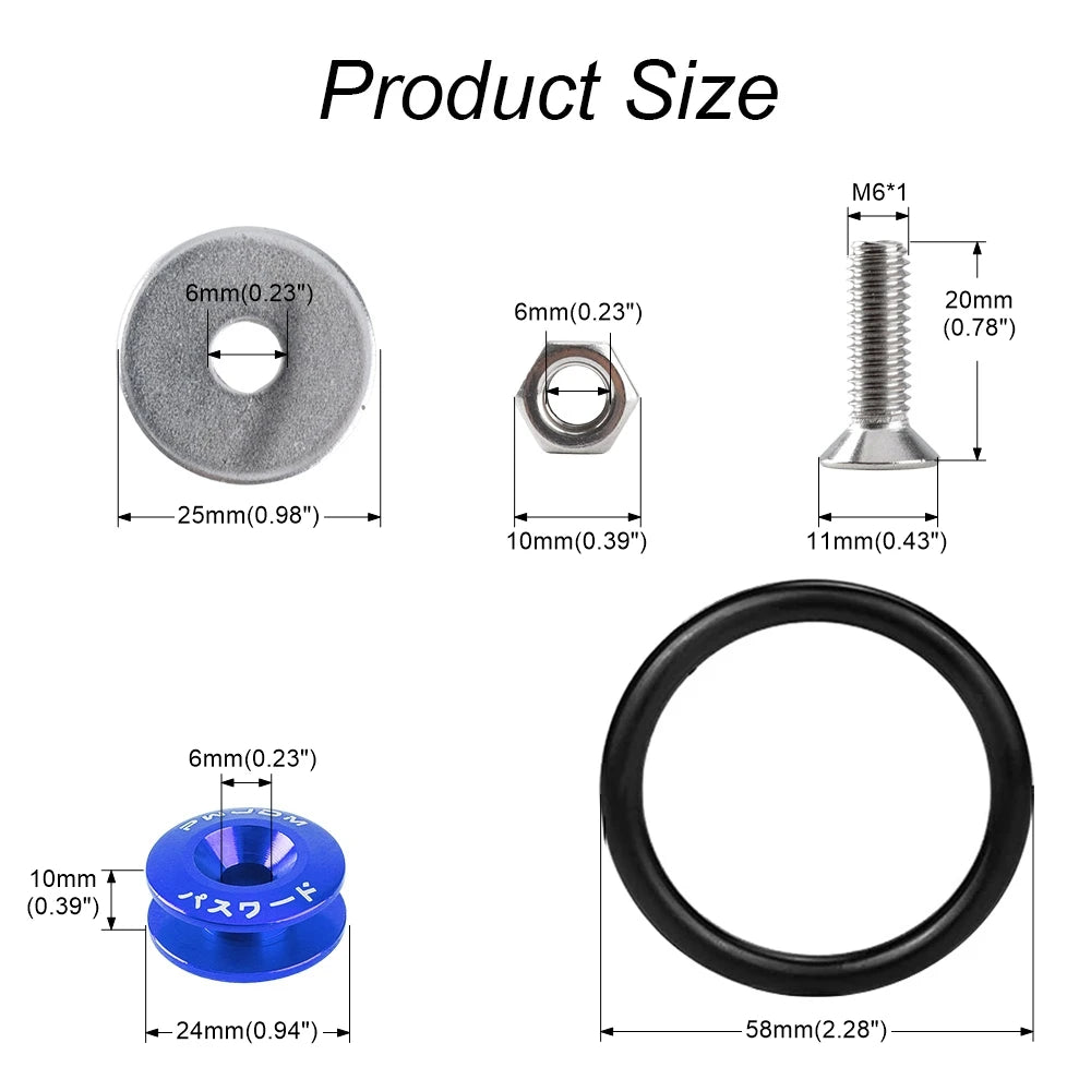 Kit of aluminum M6 threaded fasteners and a black rubber ring bumper