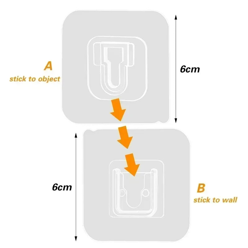 Diagram showing how to stick wall hooks to an object or a wall using double-sided adhesive.