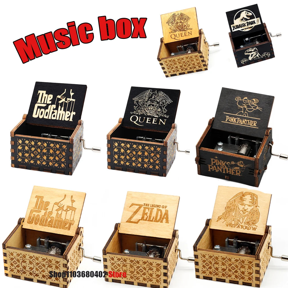 A collection of vintage hand-crank wooden music boxes featuring themes like The Godfather, Queen, and Pink Panther.