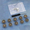 Silver instant no-sew snap button kit with various sizes displayed on a translucent bag.