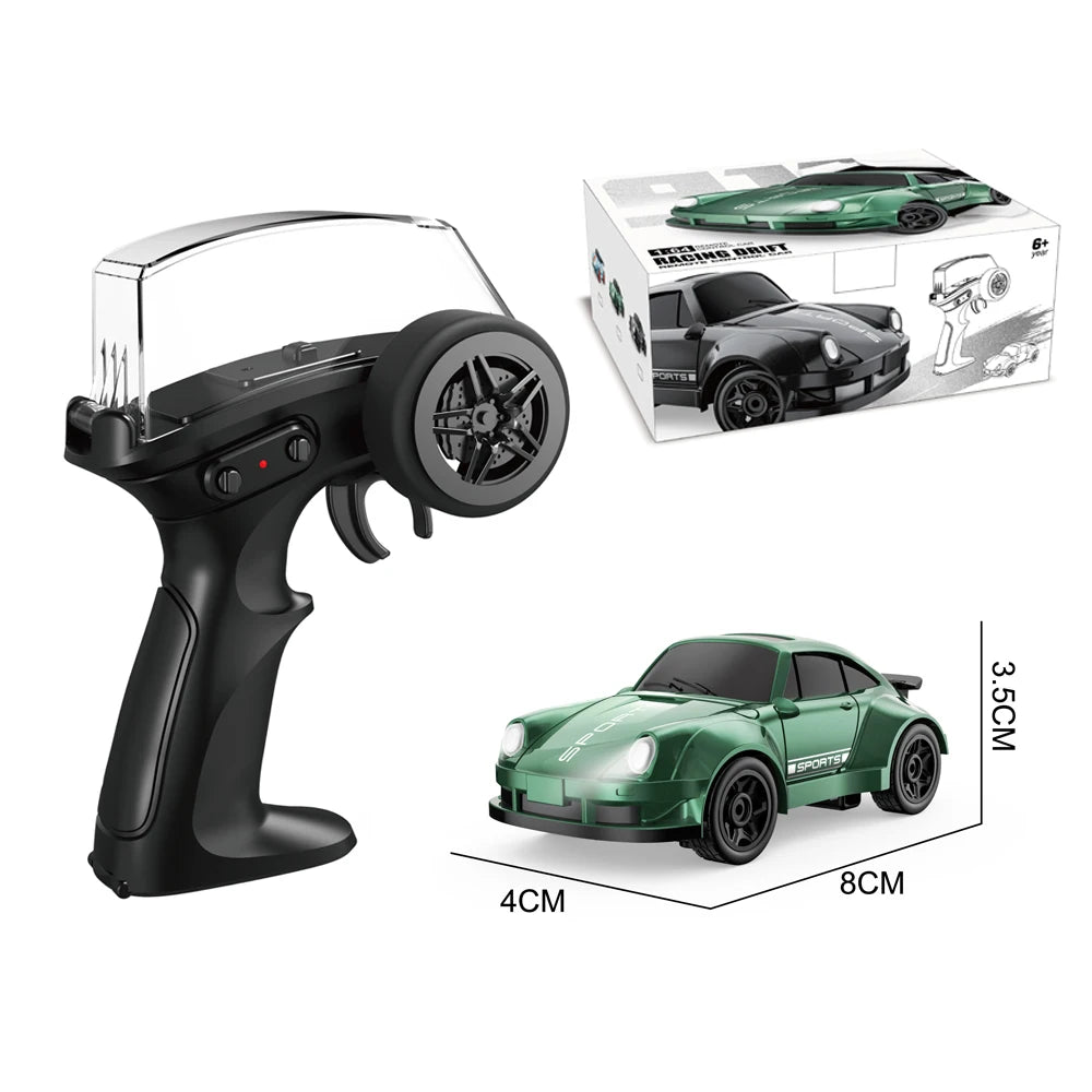 A black RC drift car is shown with its packaging and a remote control device.