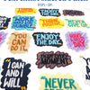 A collection of colorful text embroidered iron-on patches featuring positive affirmations like Think Positive Enjoy the Day a