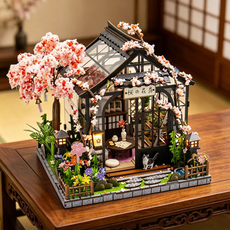 A detailed miniature Japanese sakura tea house model kit featuring a dark wooden structure and pink blossoms on a wooden disp