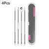 A set of four stainless steel acne and blackhead removal tools displayed next to a white storage case.