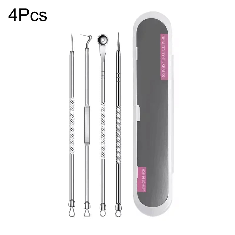 A set of four stainless steel acne and blackhead removal tools displayed next to a white storage case.