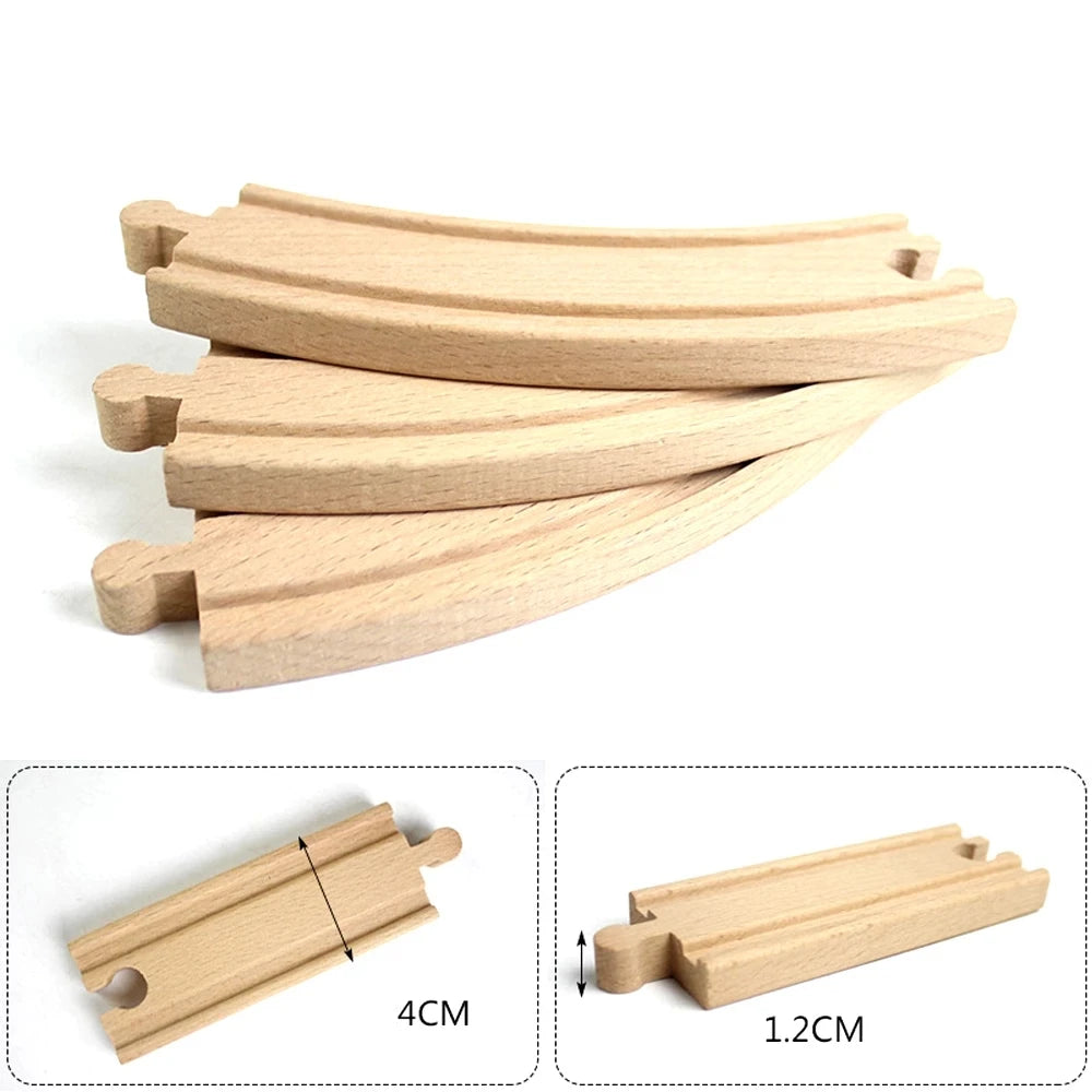 Expansion pack of wooden train tracks in light wood color showing various lengths.