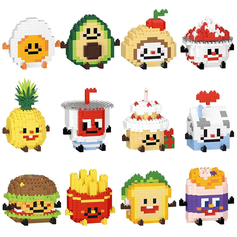 A collection of cute micro building blocks figurines shaped like various desserts and food items.